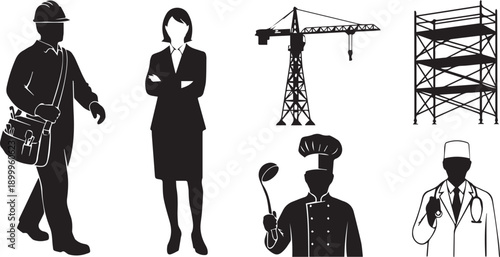 Professional staff and industrial equipment silhouettes vector including chef illustration