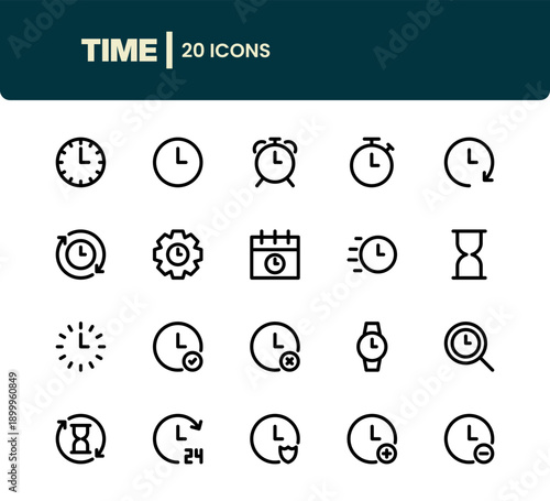 Set of Time icons. Time icons. Clock, Hourglass, Calendar, Hours icons. 20 Icon set of Time.