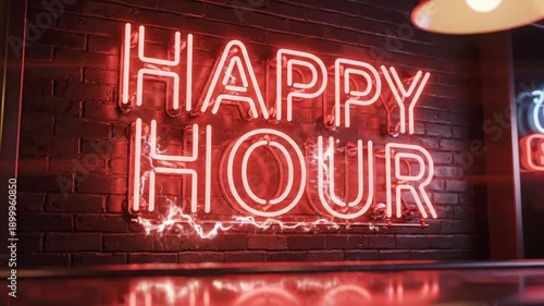 Wallpaper Mural Happy hour sign lights up a bar in the evening with people enjoying drinks and socializing in a lively atmosphere Torontodigital.ca