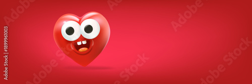 Funny 3D heart monster character on red background, horizontal banner with space for Valentine s Day sale and kids promo. Creative banner with blank space for text, perfect for humorous Valentine s
