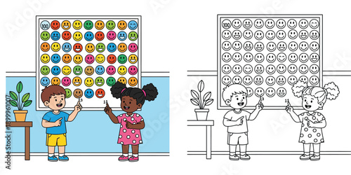 1Children pointing at smiley face chart, colored and black and white coloring page vector illustration for education.