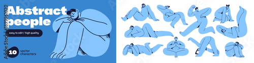 Set of abstract people with naked bodies in different poses. Funny men and women practice yoga postures, meditate, sit, run, go and lie. Flat isolated vector illustrations on white background.