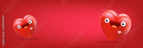 Funny 3D heart monster character on red background, horizontal banner with space for Valentine s Day sale and kids promo. Creative banner with blank space for text, perfect for humorous Valentine s