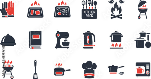 Kitchen and Cooking Icon Set with Appliances, Utensils, Stove, Fire, Chef Tools, and Food Preparation Symbols for Recipes, Restaurants, and Culinary Design