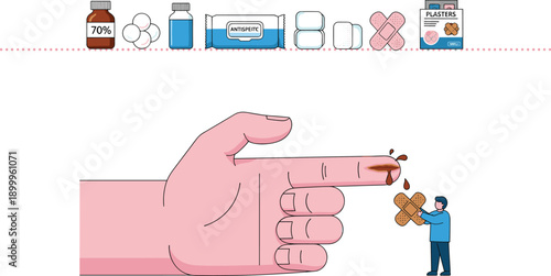 First aid finger injury treatment illustration showing antiseptic bandage care, wound cleaning medical concept 