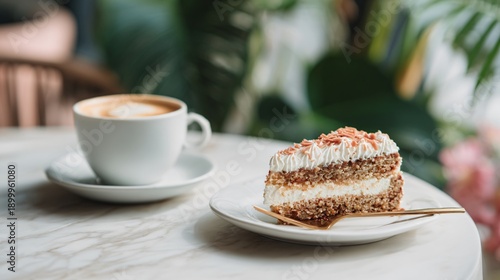 Wallpaper Mural Italian cream cake slice served with coffee cup on marble café table, relaxed afternoon dessert moment Torontodigital.ca