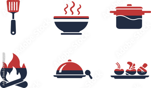 Cooking and Food Icon Set with Kitchen Utensils, Hot Meals, Pot, Fire, and Serving Symbols for Recipe and Restaurant Design