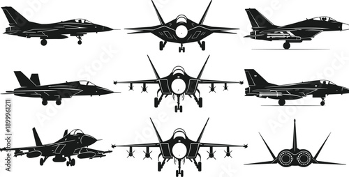 Fighter jet silhouette set with modern military aircraft views, aviation defense technology illustration vector