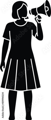 Female silhouette holding megaphone announcing message, communication protest activism leadership illustration vector concept design graphic