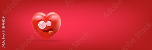 Funny 3D heart monster character on red background, horizontal banner with space for Valentine s Day sale and kids promo. Creative banner with blank space for text, perfect for humorous Valentine s