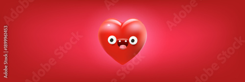 Funny 3D heart monster character on red background, horizontal banner with space for Valentine s Day sale and kids promo. Creative banner with blank space for text, perfect for humorous Valentine s