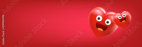 Funny 3D heart monster character on red background, horizontal banner with space for Valentine s Day sale and kids promo. Creative banner with blank space for text, perfect for humorous Valentine s
