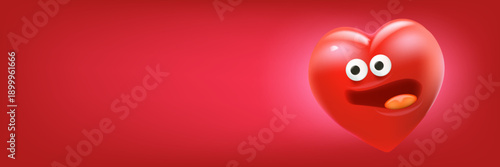 Funny 3D heart monster character on red background, horizontal banner with space for Valentine s Day sale and kids promo. Creative banner with blank space for text, perfect for humorous Valentine s