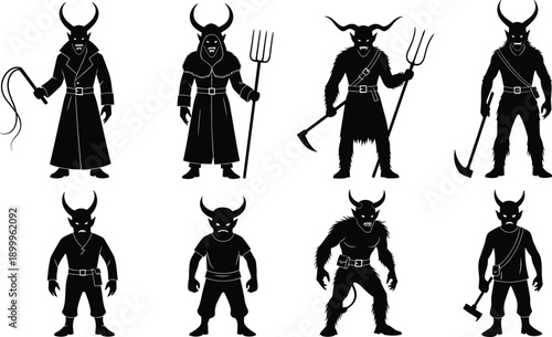 Demon silhouette characters set with horns weapons, dark fantasy mythology monster illustration vector collection design