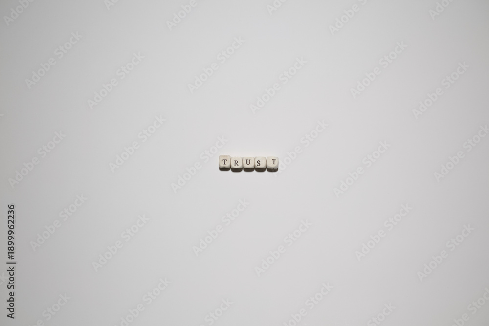 Fototapeta premium Minimal white background with letter blocks spelling trust. Concept for reliability, confidence, relationships, branding, and business credibility.