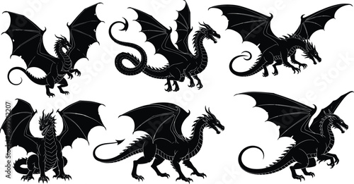 Dragon silhouette set with flying mythical creatures, fantasy wings poses, dark monster illustration vector collection