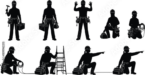 Construction worker silhouette set with electrician tools, safety helmet, maintenance repair poses, industrial vector illustration