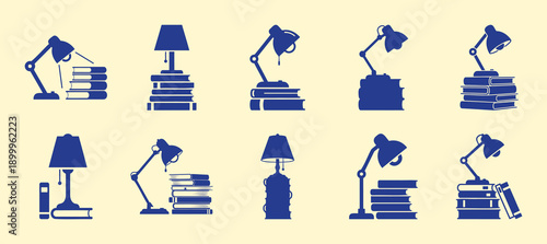 Collection of blue icons featuring various desk lamps and stacks of books for reading. Vector