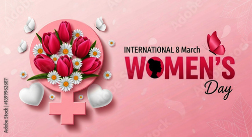 Happy International Women's Day Celebration on 8th March with Flowers and Hearts