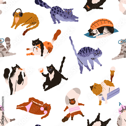 Repeatable pattern of cute cats in different comic poses. Endless background of various naughty animals, funny kitties drinking wine, stretching, lying and playing. Flat seamless vector illustration.
