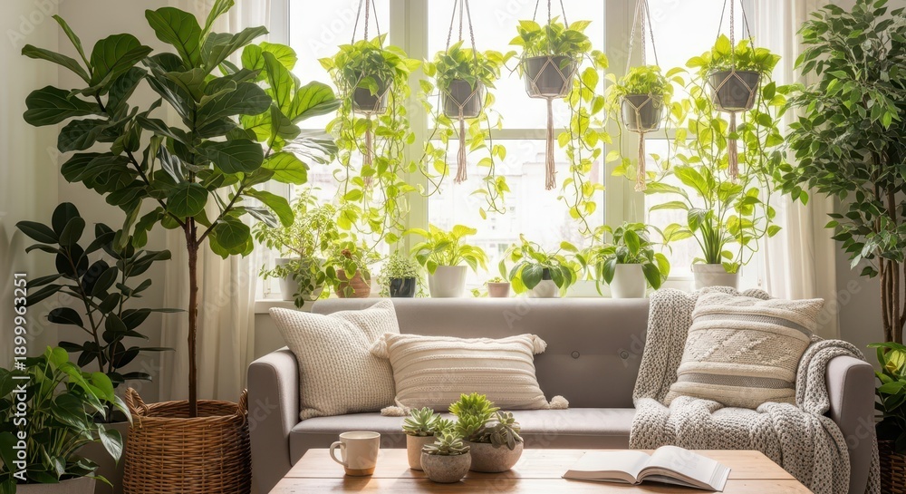 Fototapeta premium Numerous vibrant houseplants thrive indoors surrounding comfortable contemporary seating near bright window illumination