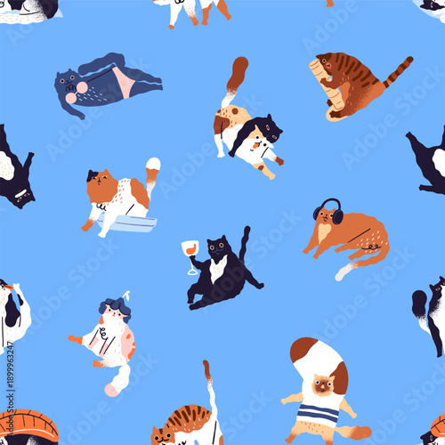 Endless background of cute comic cats in various funny poses. Repeatable pattern of happy, scared and lazy kitties, drinking wine, lying and playing animals. Flat seamless vector illustration.