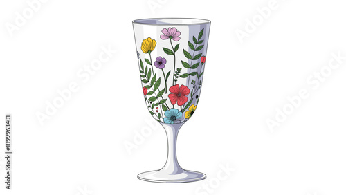 Elegant tall glass decorated with a variety of colorful hand drawn wildflowers and green botanical stems on white background.