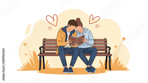 Young couple sitting together on a park bench reading a book with red heart symbols floating above to represent love and romance.