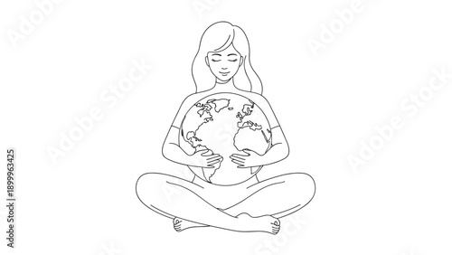 Minimalist line drawing of a peaceful woman sitting in a lotus position and cradling the planet earth in her hands with closed eyes.