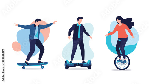 Diverse group of young people riding modern personal transport devices including a skateboard hoverboard and an electric unicycle.