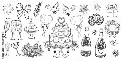 Hand drawn celebration elements including cakes balloons and floral arrangements