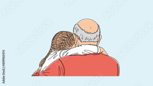 Touching back view of an elderly man with white hair giving a warm hug to a young girl with braided hair against a blue background.