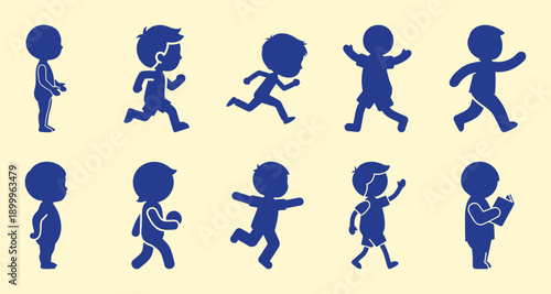 Collection of blue child silhouettes showing various actions like running and reading Vector
