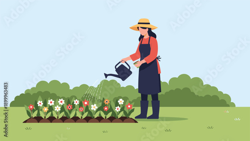 Woman wearing a straw hat and apron watering a colorful flower bed in a sunny garden with green bushes and trees in the distance.