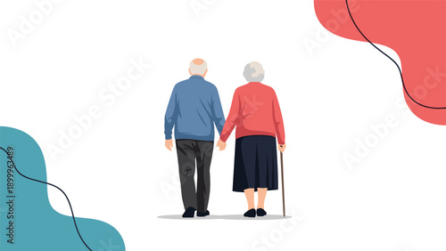 Back view of an elderly couple holding hands and walking together while the woman uses a wooden cane on a white background with shapes.