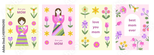 Set of four Mother's Day cards featuring geometric illustrations of mothers holding babies surrounded by spring flowers in pastel colors