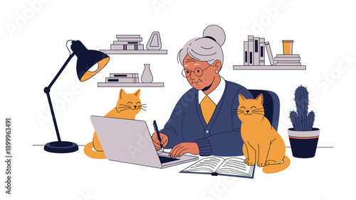 Senior woman wearing glasses working on a laptop at her home office with two friendly orange cats sitting on the desk next to her.