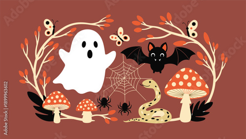 Spooky halloween illustration featuring a white ghost, black bat, spiders, a snake, and red mushrooms in an autumnal setting.