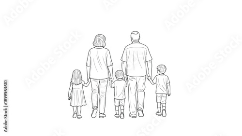 Minimalist line drawing of a father mother and three young children walking away together while holding hands on a white background.