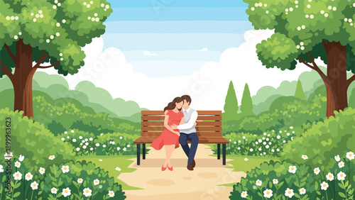 Romantic young couple sitting on a park bench together surrounded by lush green trees and blooming white flowers in summer.