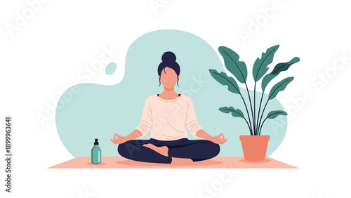 Young woman sitting in lotus position practicing meditation in a peaceful room with a large green plant in a terracotta pot.