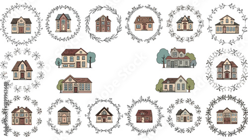 Set of charming house illustrations each enclosed within a unique circular floral or leaf wreath on a white background.