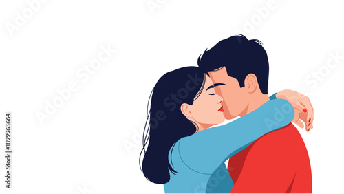 Illustration of a young man and woman sharing a romantic and passionate kiss against a clean white background.