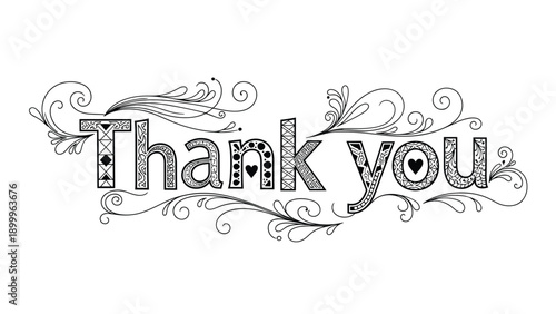 Ornate black and white typography of the words thank you featuring intricate swirling patterns, hearts, and floral motifs.
