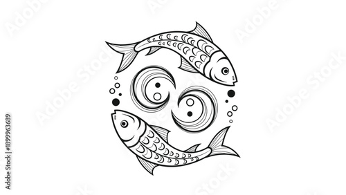 Black and white line art illustration of two fish swimming in a circle, representing the Pisces zodiac sign or balance.