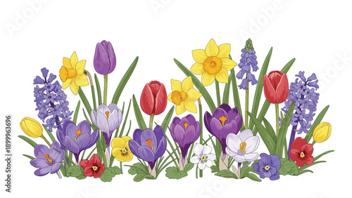 Dense cluster of colorful spring flowers including tulips, daffodils, crocuses, and hyacinths in shades of purple, yellow, and red.