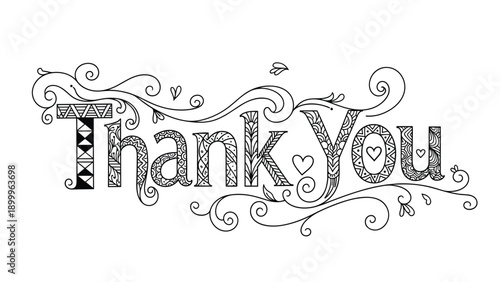 Intricate black and white doodle art of the words thank you with swirling lines, hearts, and complex geometric patterns.