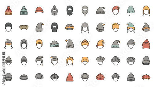Comprehensive collection of various winter hat icons including beanies, balaclavas, and caps displayed in different colors and styles for design.