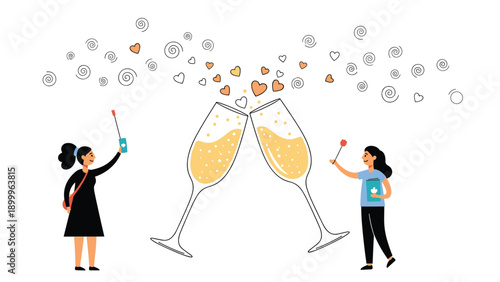 Two joyful women celebrate a special occasion by raising oversized champagne glasses while surrounded by floating hearts and festive swirls.