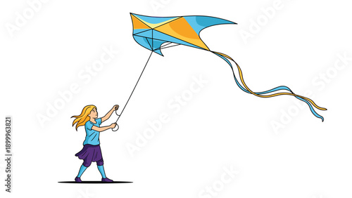 Happy young girl with long blonde hair runs across a field while flying a large colorful blue and yellow kite on a bright sunny afternoon.